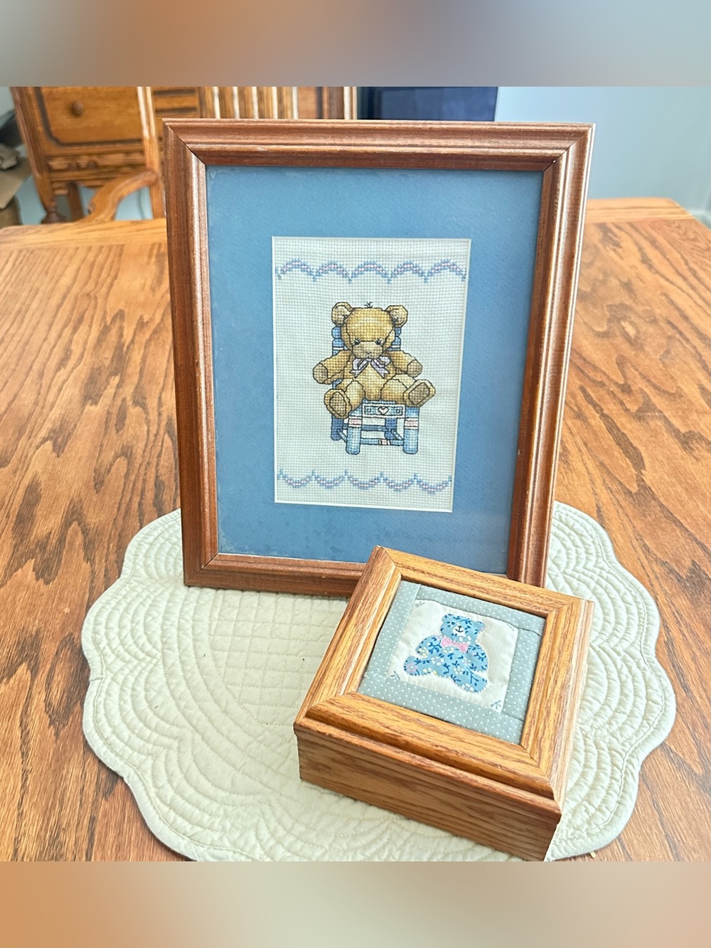 Lot of 2 Bear decor items - cross stitch bear framed & quilt top box